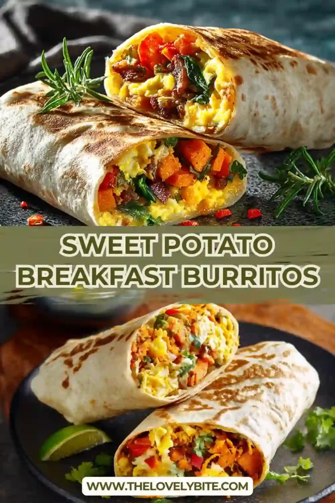 Sweet Potato Breakfast Burritos filled with scrambled eggs, black beans, kale, and melted cheese wrapped in a soft tortilla. A wholesome and hearty breakfast option.