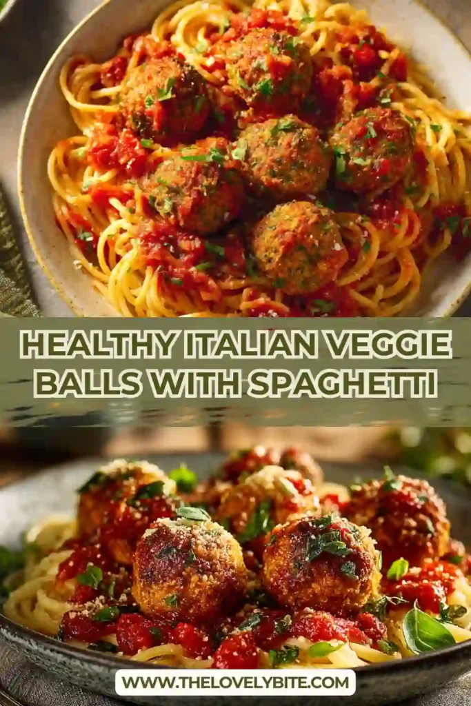 Plate of Italian Veggie Balls paired with spaghetti and garnished with basil leaves. A comforting plant-based meal.