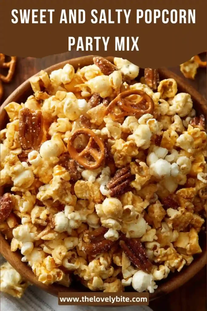 A bowl of sweet and salty popcorn party mix coated in glossy caramel with pretzels and cereal pieces. The texture looks crunchy and golden.