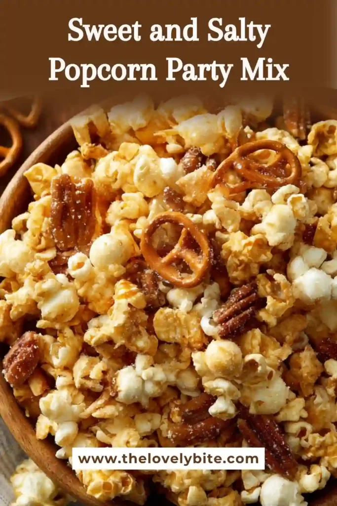Close-up of sweet and salty popcorn party mix showing caramel-coated popcorn, nuts, and crispy snack pieces. Perfect party snack idea.