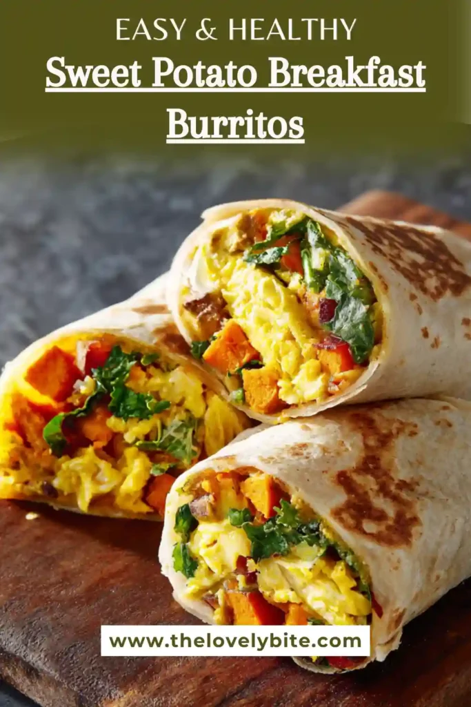 Close-up of Sweet Potato Breakfast Burritos showing vibrant vegetables and fluffy eggs inside a warm tortilla. Perfect for meal prep mornings.