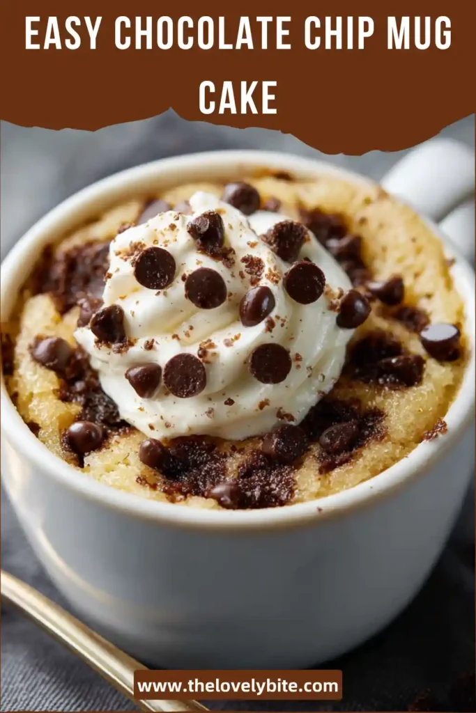 A soft and fluffy chocolate chip mug cake recipe served warm in a mug with melted chocolate chips on top.