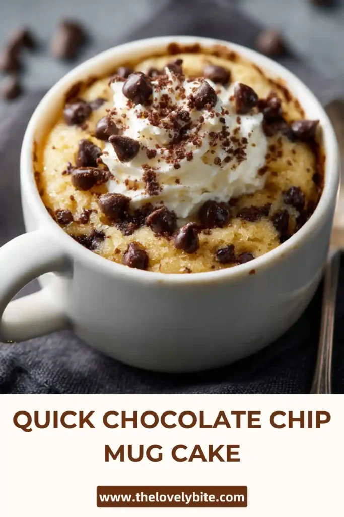 Close-up of a freshly made chocolate chip mug cake recipe showing its moist texture and gooey chocolate center.