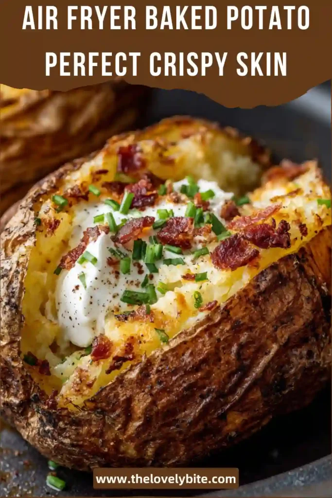 Close-up of a crispy skin baked potato made in the air fryer, showing soft fluffy inside with simple seasoning.