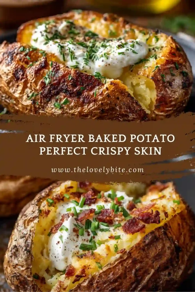 Air Fryer Baked Potato served with sour cream and chives, highlighting its crispy outer layer and tender center.