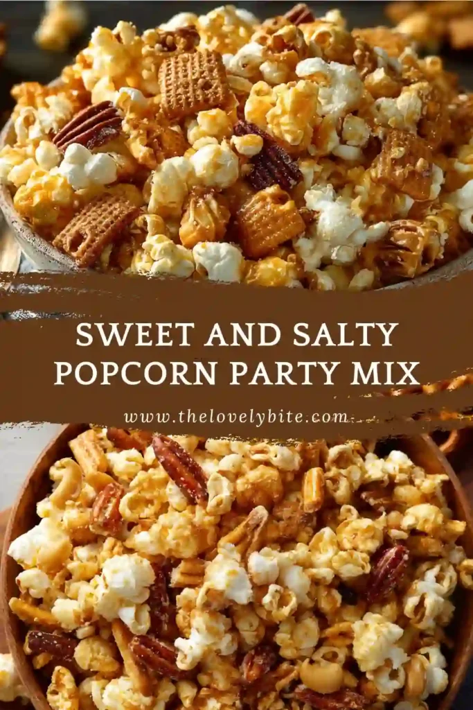 Homemade sweet and salty popcorn party mix spread on a tray with crunchy caramel coating and mixed textures.