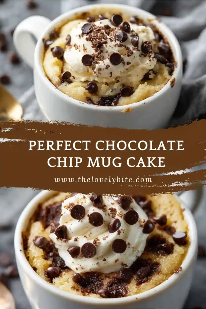 Easy chocolate chip mug cake recipe in a white mug, perfectly baked and topped with chocolate chips.