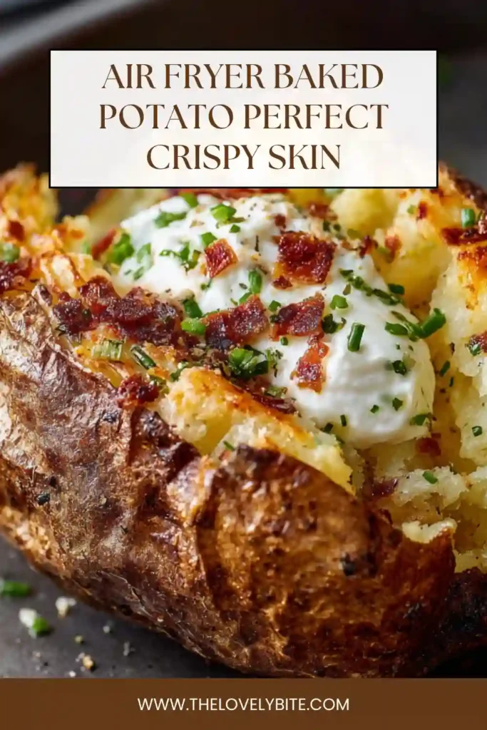 Freshly cooked air fryer baked potato with cracked skin and steam rising from the fluffy interior.