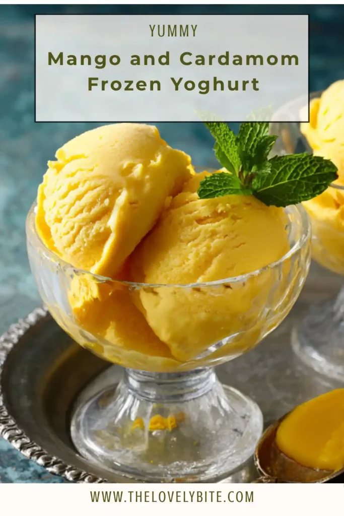 Homemade Mango and Cardamom Frozen Yoghurt in a serving bowl with soft, creamy consistency and subtle spice garnish.