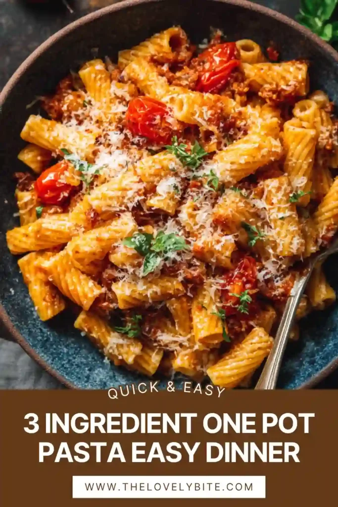 Close-up of easy one pot pasta recipe showing perfectly cooked pasta coated in savory tomato sauce and meat.