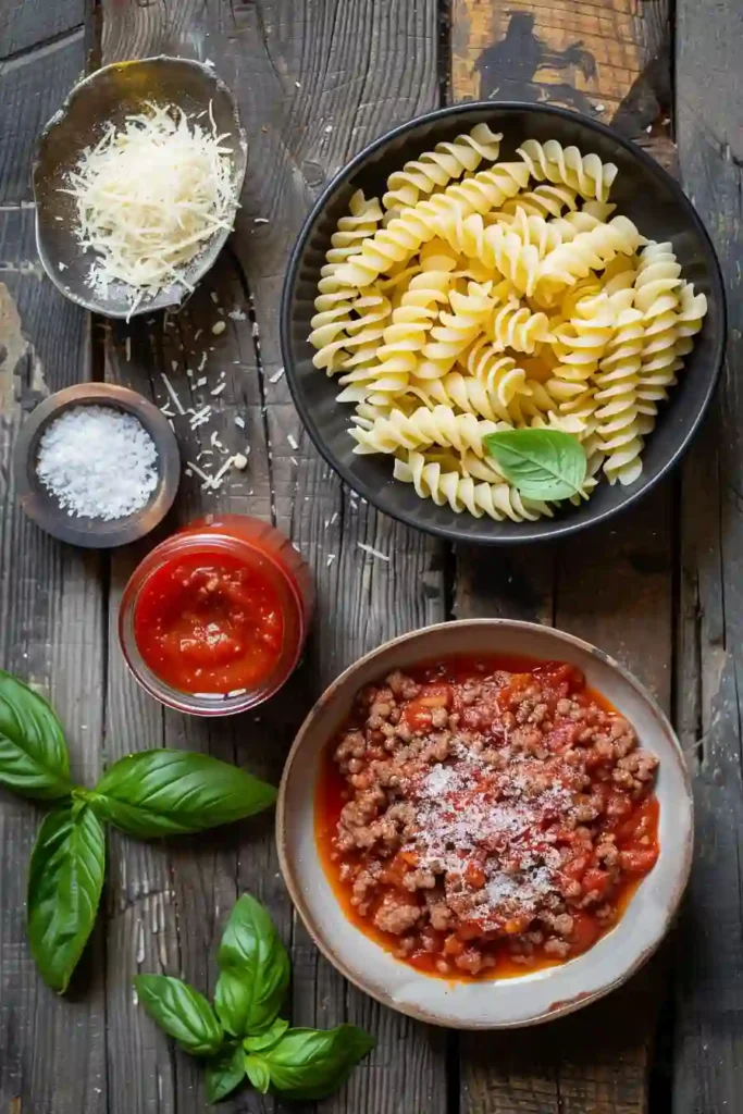 A bowl of 3 Ingredient One Pot Pasta with tender pasta, rich marinara sauce, and ground beef, topped with parmesan and fresh basil.