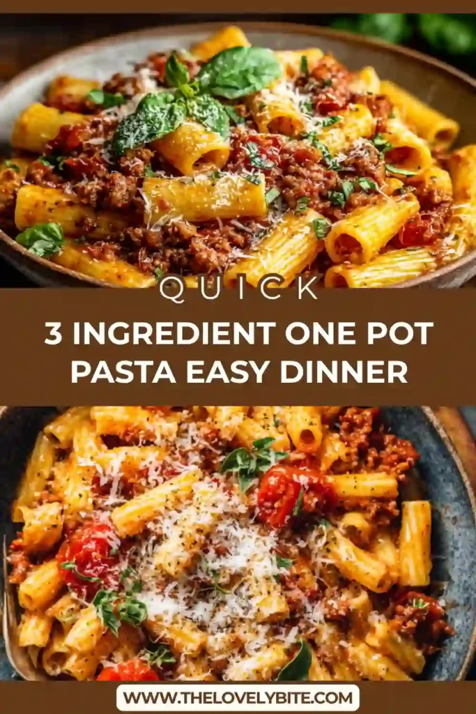 Freshly cooked 3 Ingredient One Pot Pasta served warm with herbs and cheese garnish in a rustic bowl.