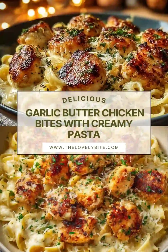 Garlic Butter Chicken Bites with Creamy Parmesan Pasta served in a bowl with parsley garnish, showcasing creamy texture and golden chicken pieces.