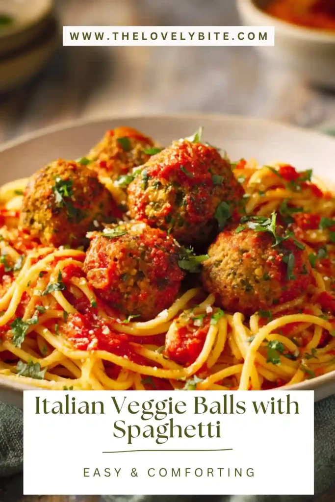 Italian Veggie Balls served over spaghetti with tomato sauce and fresh basil. The dish looks hearty, colorful, and full of texture.