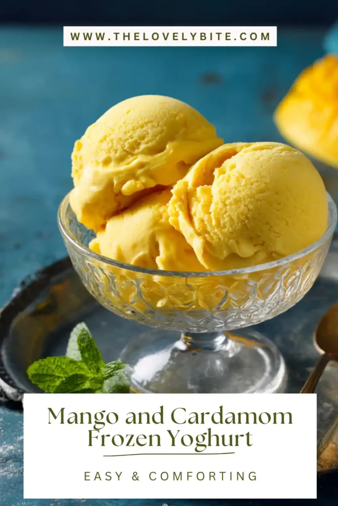 Close-up of Mango and Cardamom Frozen Yoghurt highlighting its creamy texture and bright mango color.