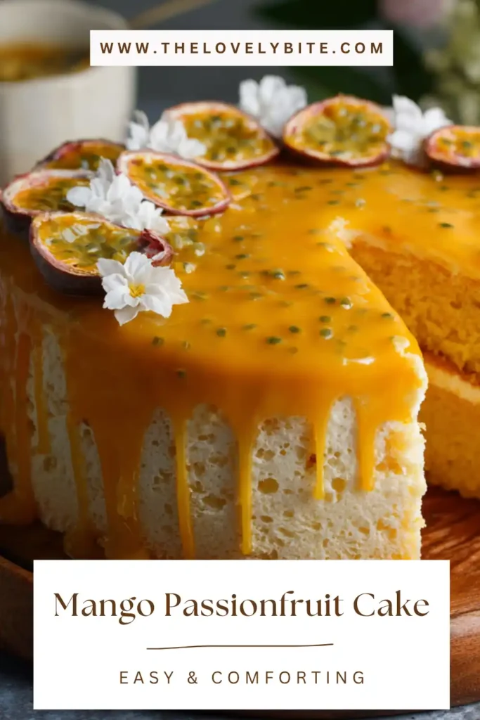 Close-up of a slice of Easy Mango Passionfruit Cake showing fluffy sponge and creamy mango buttercream layers. Bright and inviting dessert.