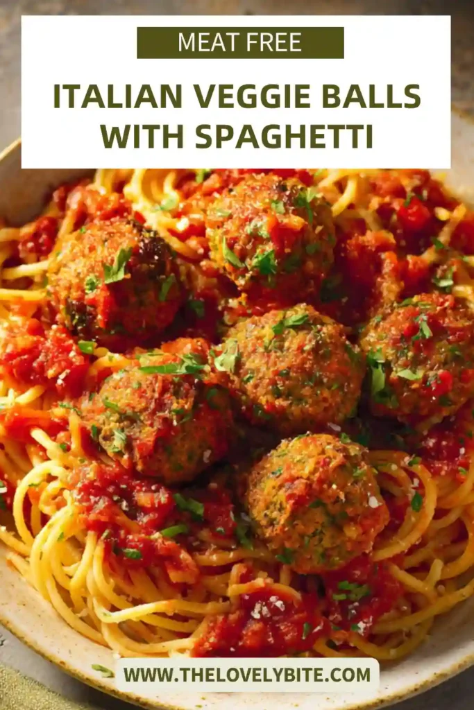 Close-up of Italian Veggie Balls made with lentils and spinach in rich tomato sauce. A healthy vegetarian pasta dish.