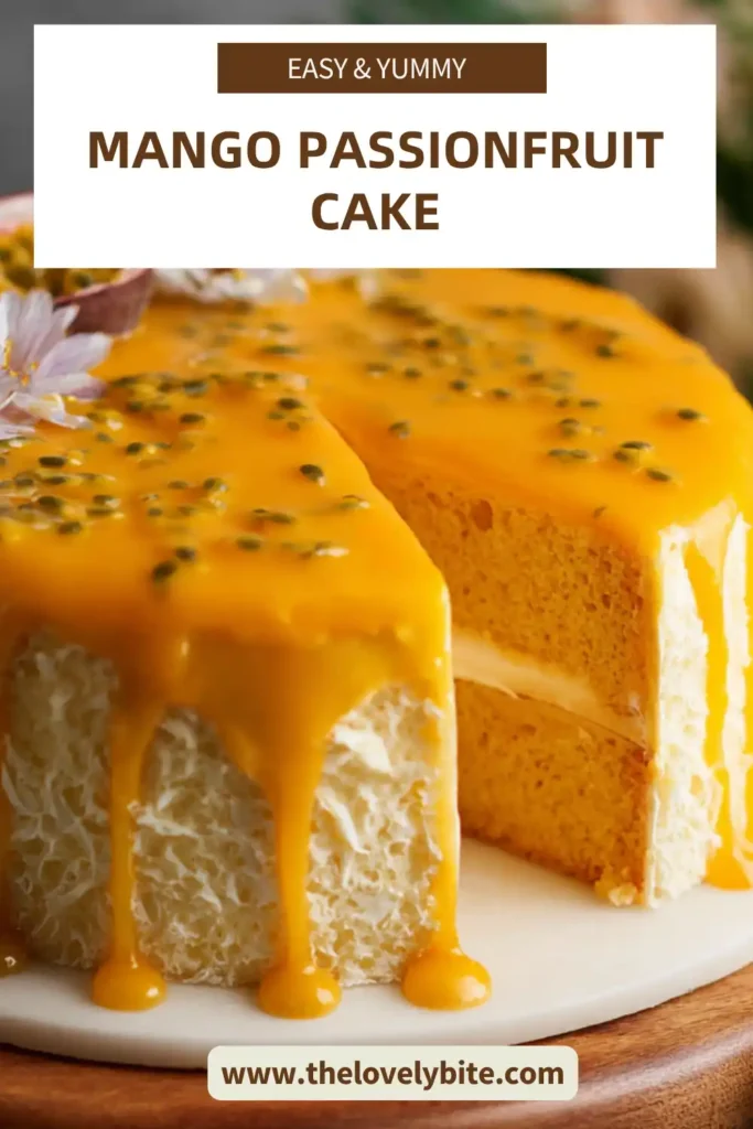 Whole Easy Mango Passionfruit Cake decorated with mango slices and cream, showcasing its tropical theme and vibrant colors.
