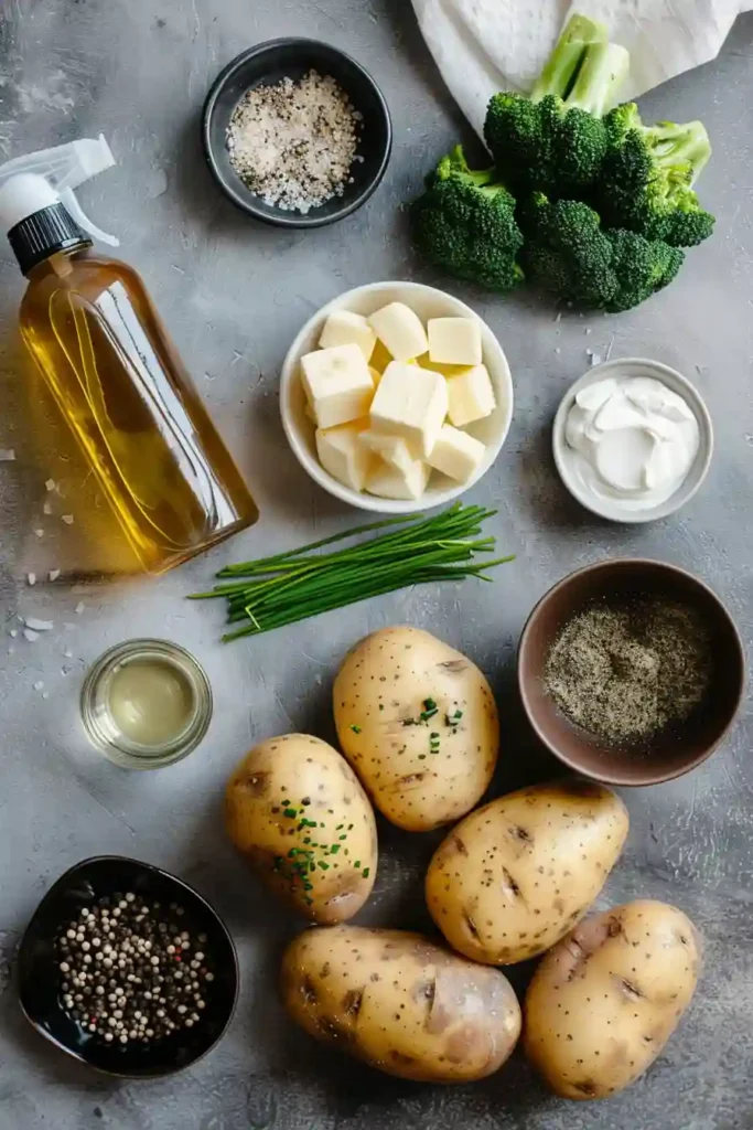 A golden Air Fryer Baked Potato with crispy skin and fluffy interior, split open and topped with butter and chives. Perfectly cooked air fryer potato recipe.