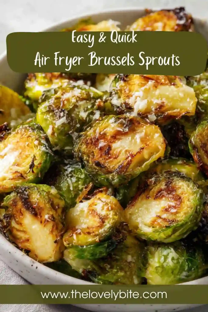 Close-up of Air Fryer Brussels Sprouts with balsamic glaze and Parmesan, highlighting texture and flavor.