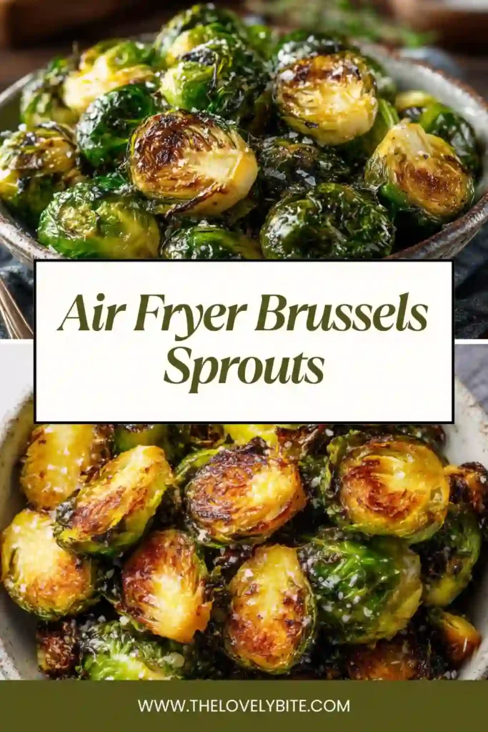 Freshly cooked Brussels sprouts in an air fryer basket, perfectly crisp and evenly browned.