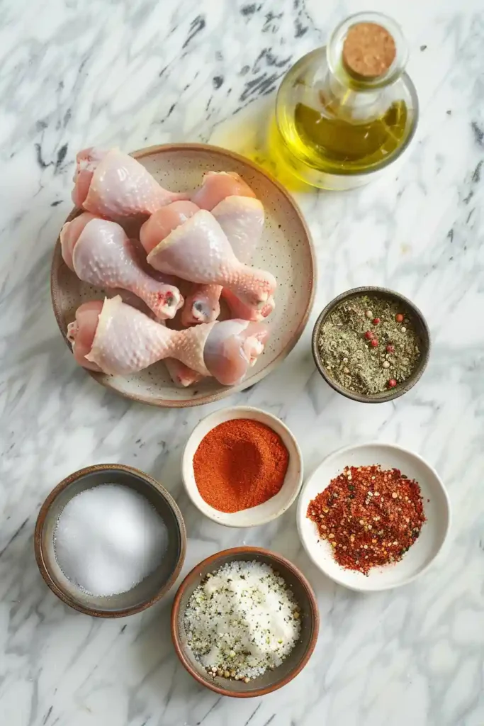 Crispy Air Fryer Chicken Drumsticks served on a plate with golden brown skin and fresh herbs, showcasing juicy and tender meat inside.