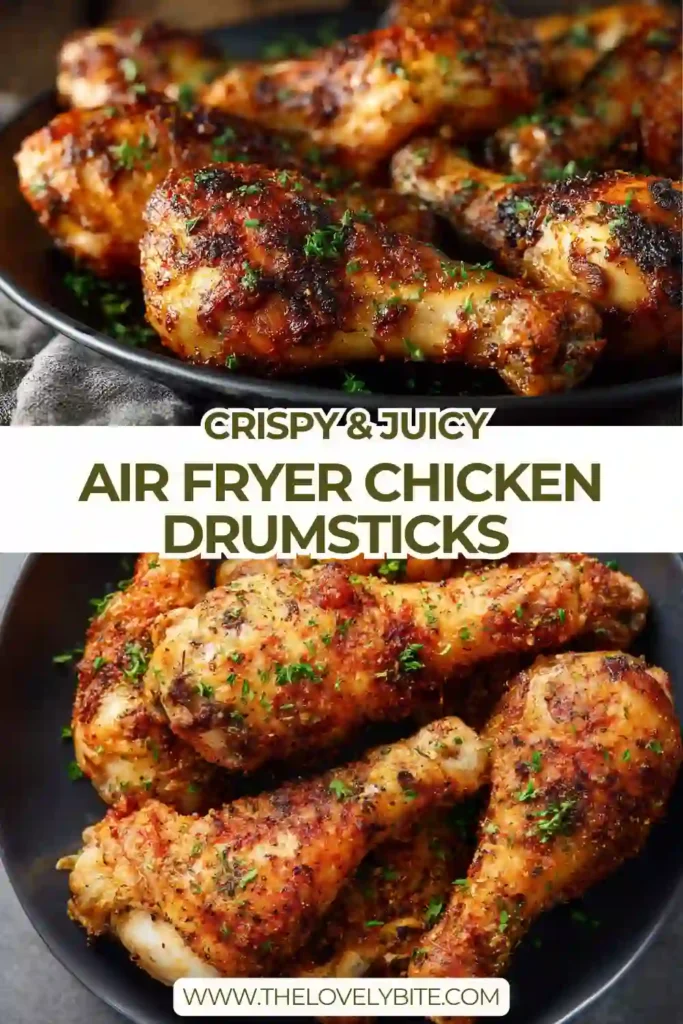 Close-up of Air Fryer Chicken Drumsticks with a crunchy seasoned coating and perfectly cooked interior, ideal for a quick dinner.