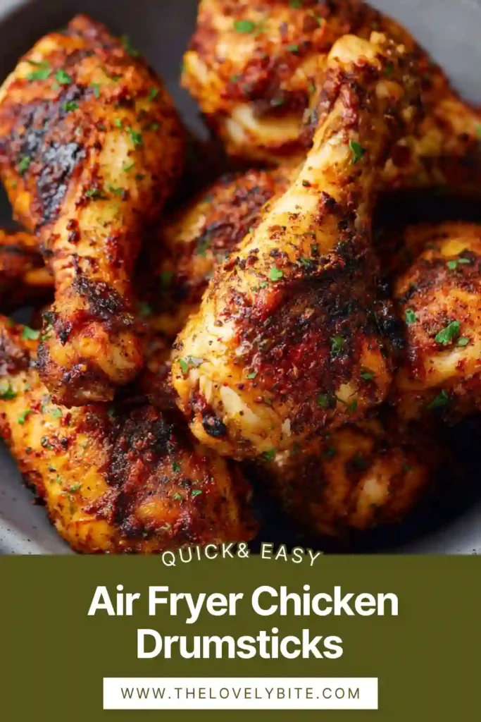 Freshly cooked Air Fryer Chicken Drumsticks arranged in a basket, highlighting crisp texture and rich seasoning.