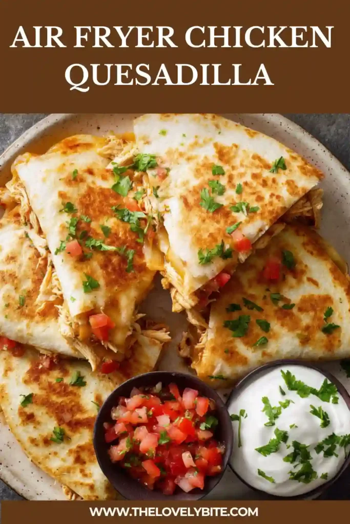 Golden brown chicken quesadilla cooked in an air fryer with gooey cheese and flavorful chicken inside. Easy and delicious homemade recipe.