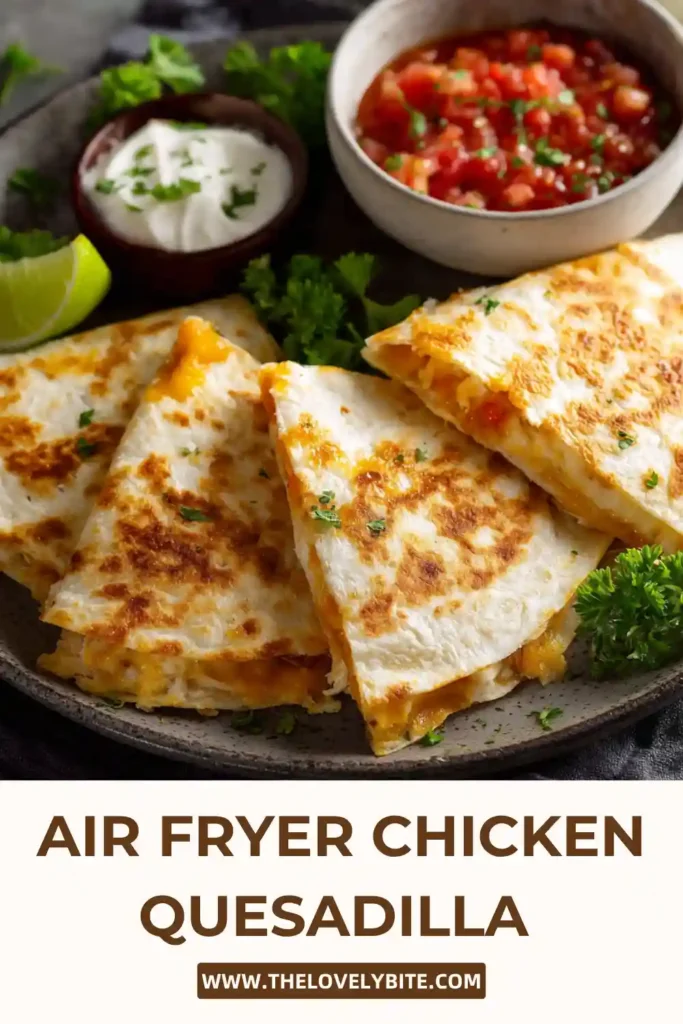 Close-up of Air Fryer Chicken Quesadilla showing crispy tortilla texture and cheesy chicken filling. Ideal for lunch or dinner.