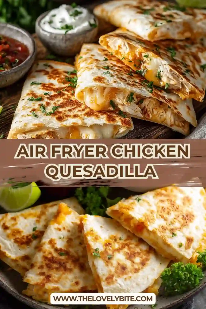 Freshly made chicken quesadilla in air fryer served with dips, showcasing melted cheese and seasoned chicken.