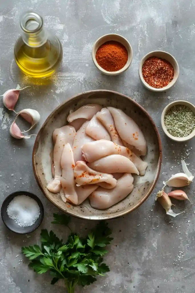 Crispy air fryer chicken tenders arranged on a plate with golden seasoning and fresh parsley garnish, showcasing a healthy homemade chicken recipe.
