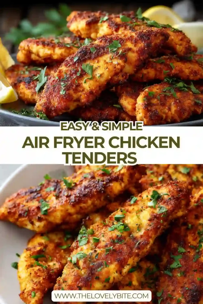 Close-up of juicy air fryer chicken tenders with a crispy outer layer and rich spices, perfect for a quick dinner idea.