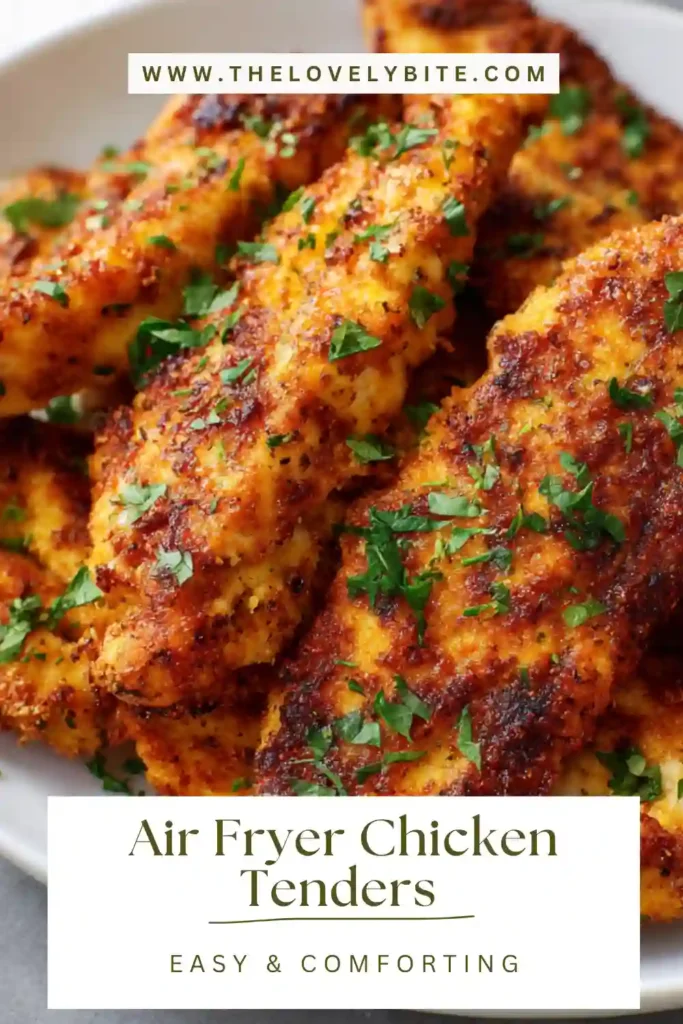 Air fryer chicken tenders cooked to golden perfection with visible seasoning texture and tender interior.
