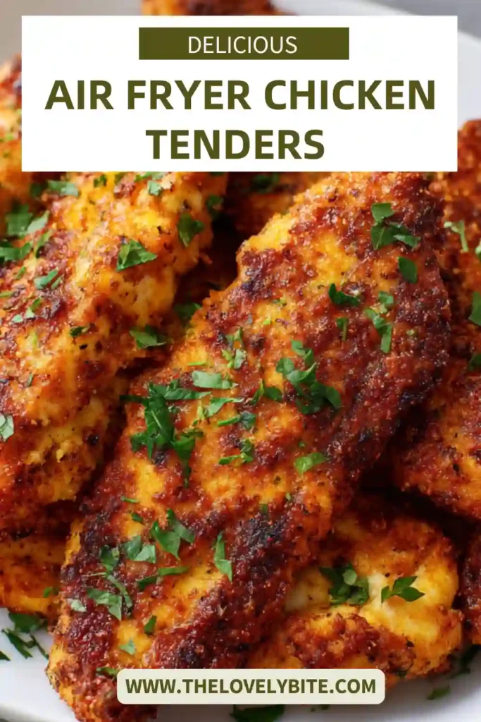Homemade air fryer chicken tenders served hot with dipping sauce, highlighting crispy edges and juicy center.