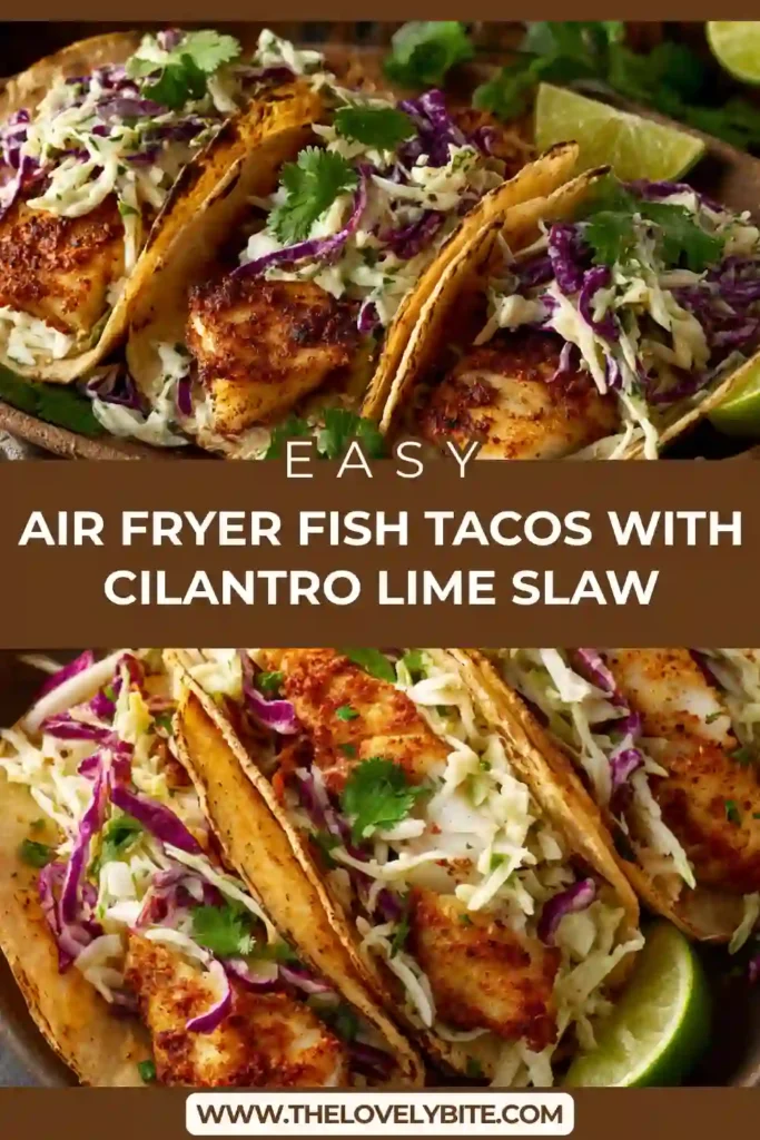 Air Fryer Fish Tacos served with cilantro lime slaw in soft tortillas, showing flaky seasoned fish and fresh toppings in natural light.
