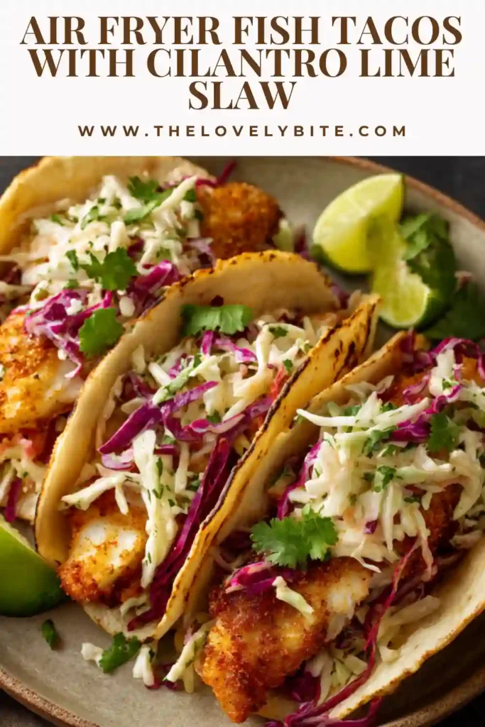 Close-up of Air Fryer Fish Tacos topped with crunchy slaw and a squeeze of lime, highlighting texture and vibrant colors.