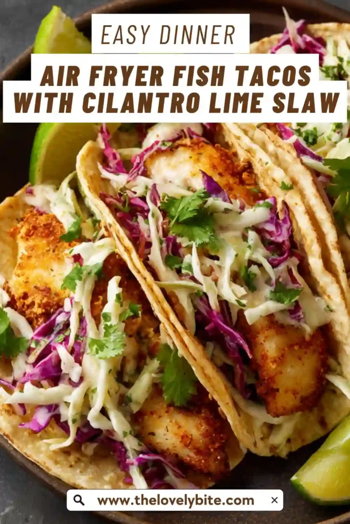 Homemade Air Fryer Fish Tacos arranged on a plate with fresh cilantro lime slaw and lime wedges for garnish.