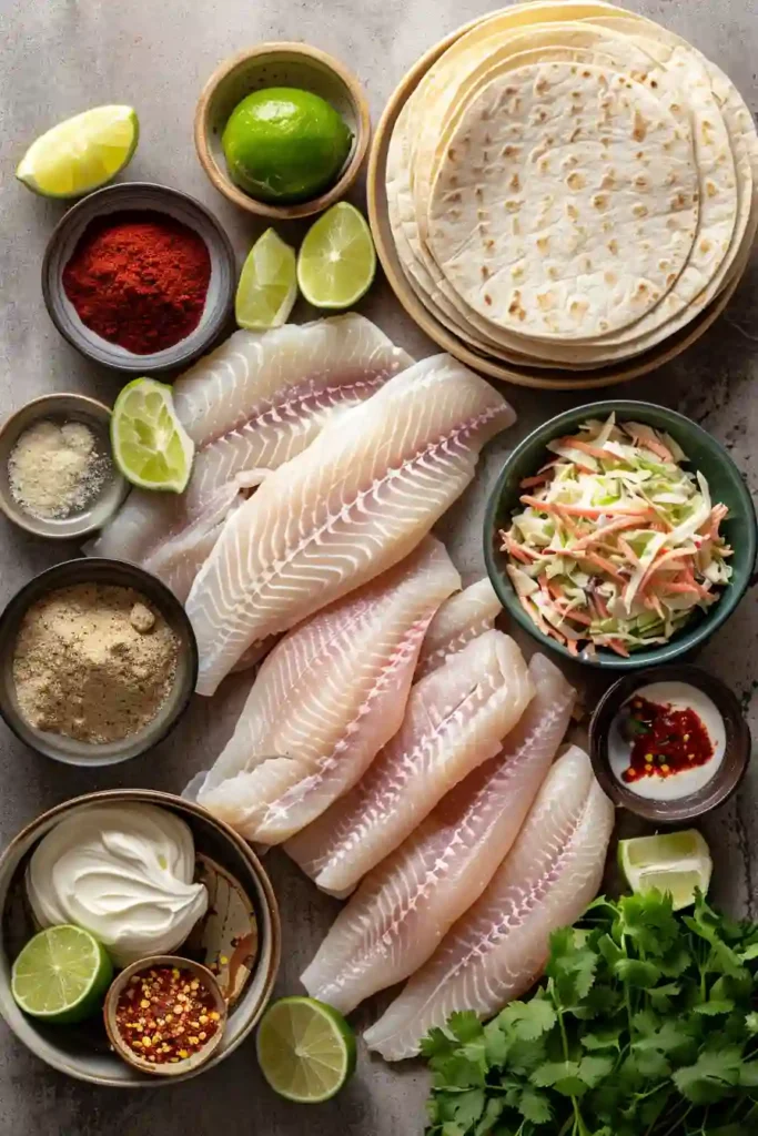Freshly made Air Fryer Fish Tacos with seasoned fish and creamy slaw, styled for a healthy taco dinner presentation.