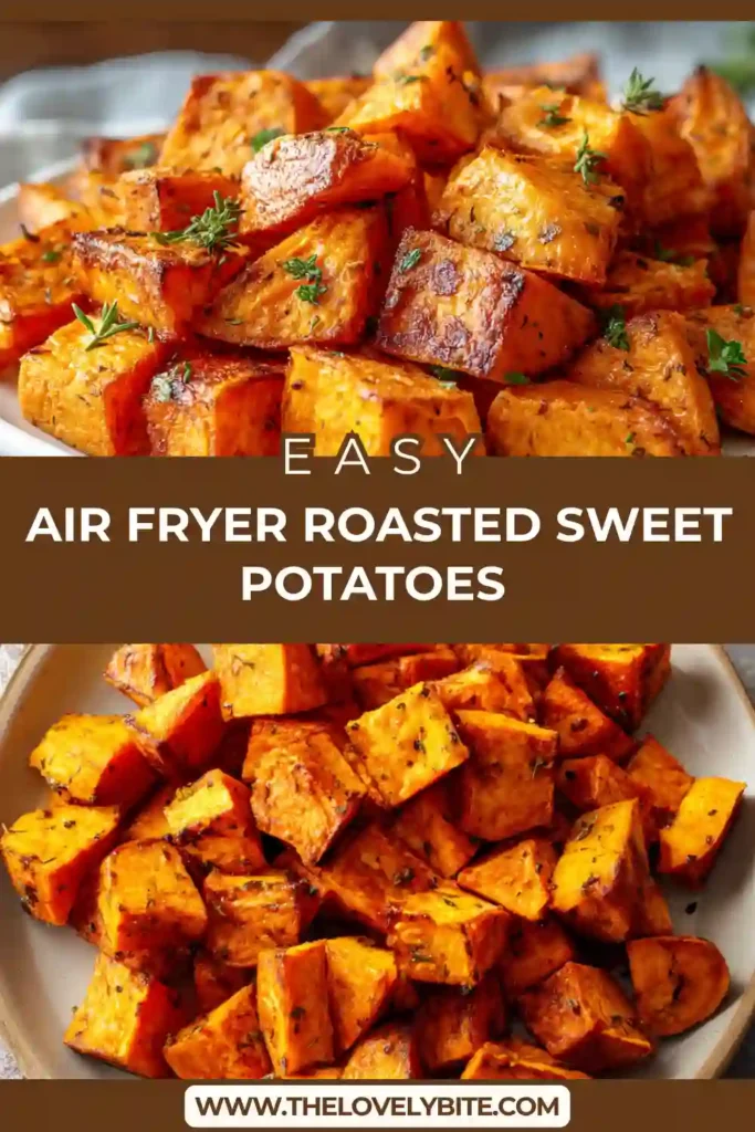 Close-up of crispy sweet potato cubes made in an air fryer, showing golden brown edges and soft texture inside.