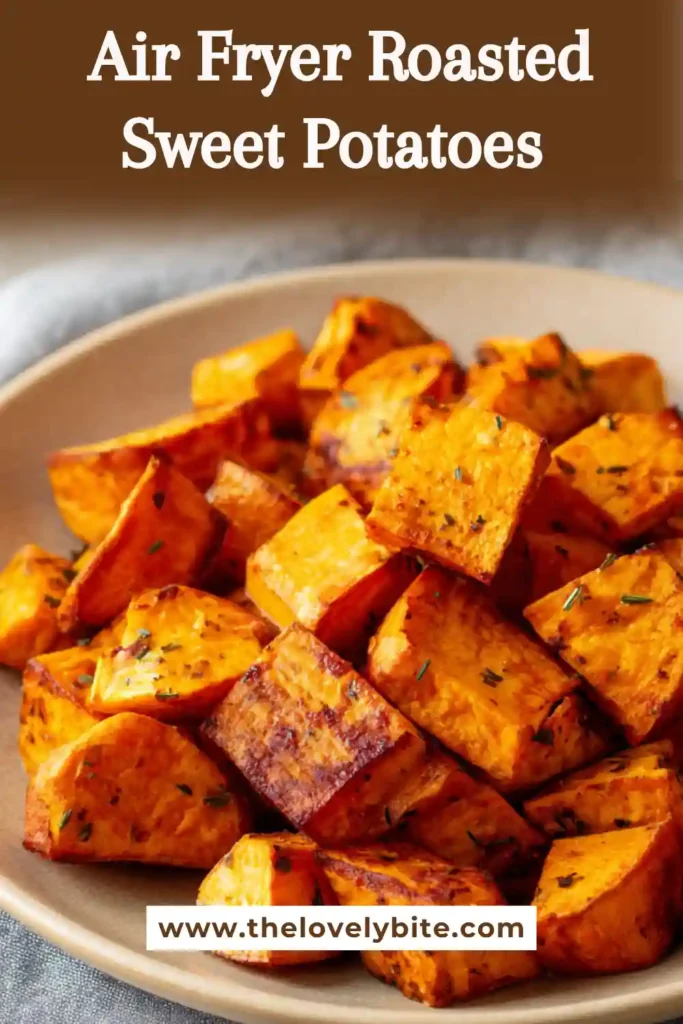 Bowl of roasted sweet potatoes from the air fryer, evenly seasoned and perfectly caramelized.