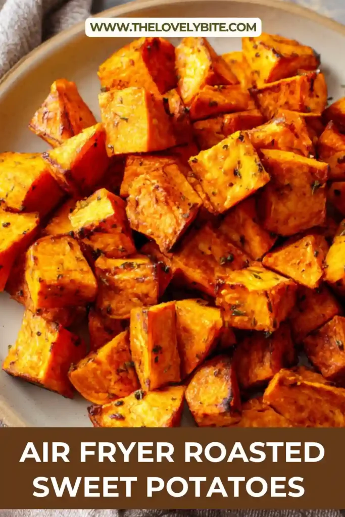 Freshly cooked air fryer sweet potato cubes arranged on a plate with a crisp exterior and fluffy interior.