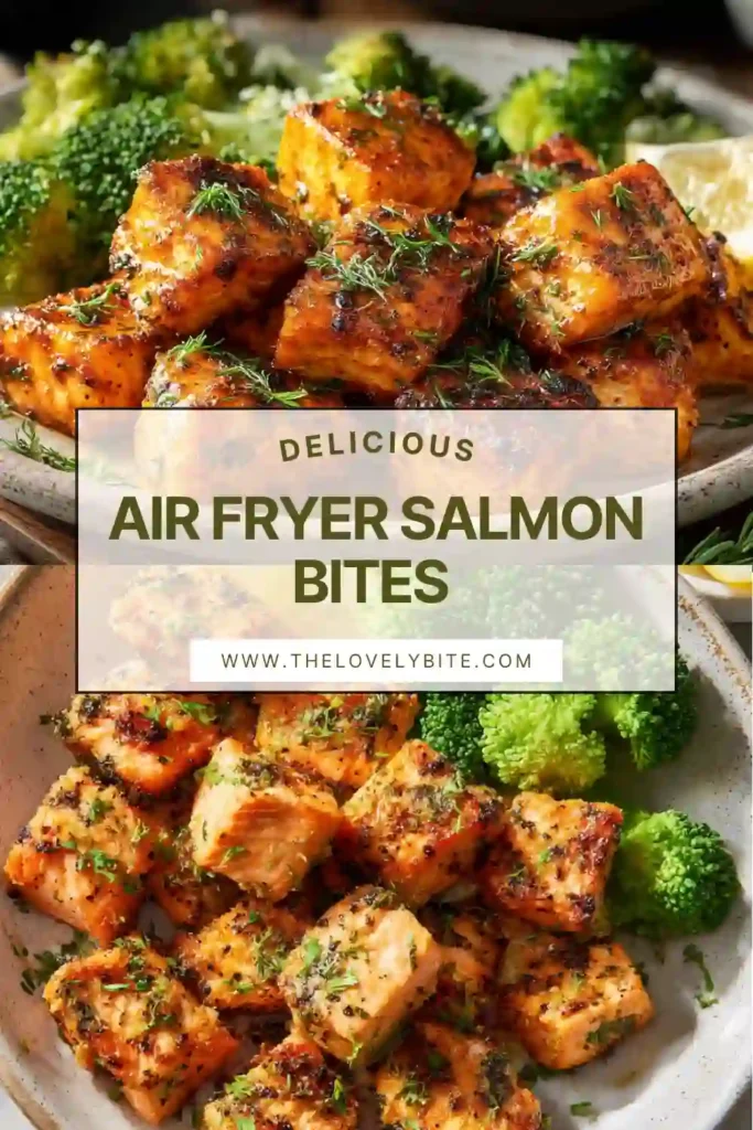 Crispy air fryer salmon bites served with fresh lemon slices on a plate. The salmon pieces are golden brown and perfectly cooked.