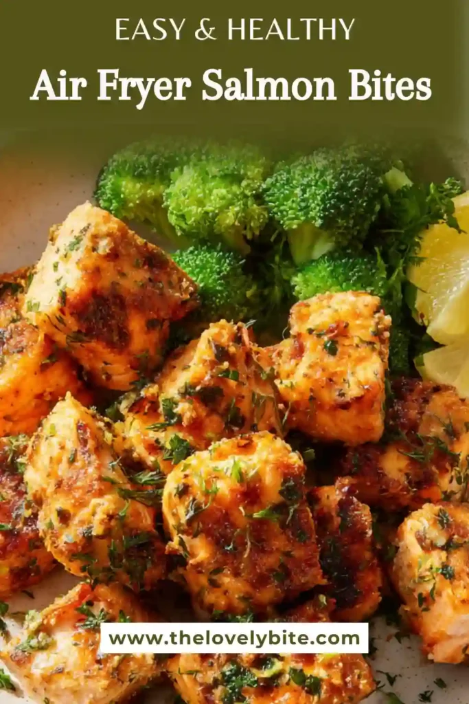Close-up of seasoned air fryer salmon bites with a crispy exterior and tender interior. A healthy seafood dish ready in minutes.