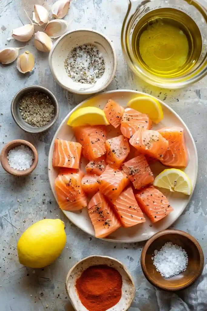 Delicious air fryer salmon bites plated with herbs and lemon. A quick and easy salmon recipe with a golden crust.