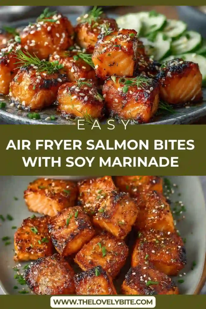 Air fryer salmon bites coated in a glossy soy marinade served with sesame seeds and green onions on a plate with rice.