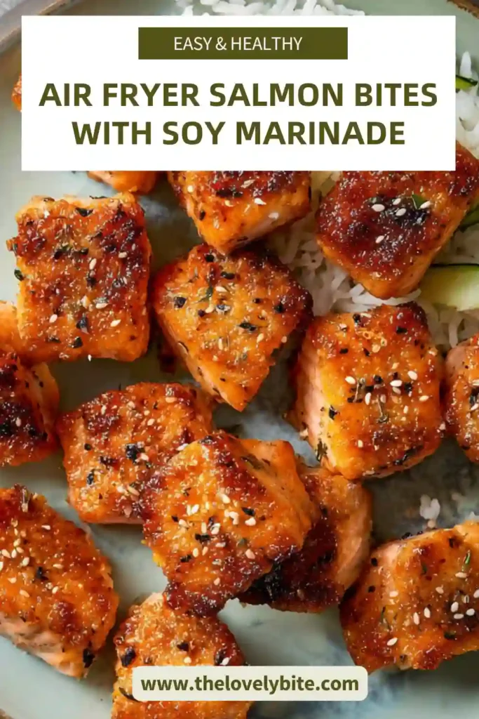 Close-up of crispy air fryer salmon bites with caramelized edges and savory sweet glaze.