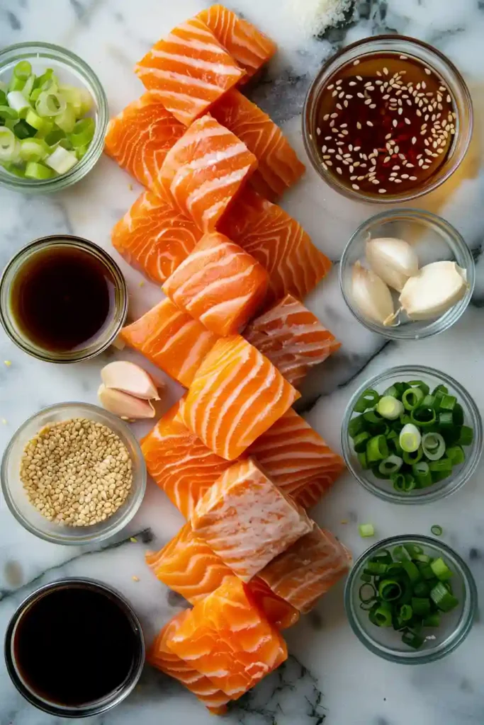 Healthy air fryer salmon bites served in a bowl with vegetables and drizzled with spicy mayo.