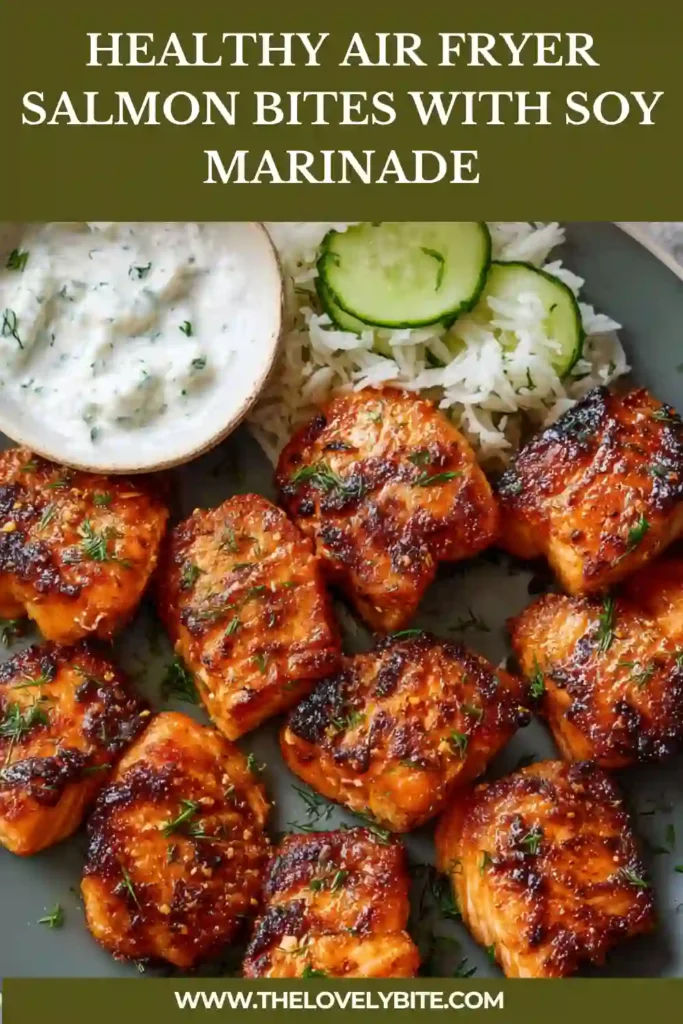 Freshly cooked salmon bites in an air fryer basket brushed with soy marinade and garnished with sesame seeds.