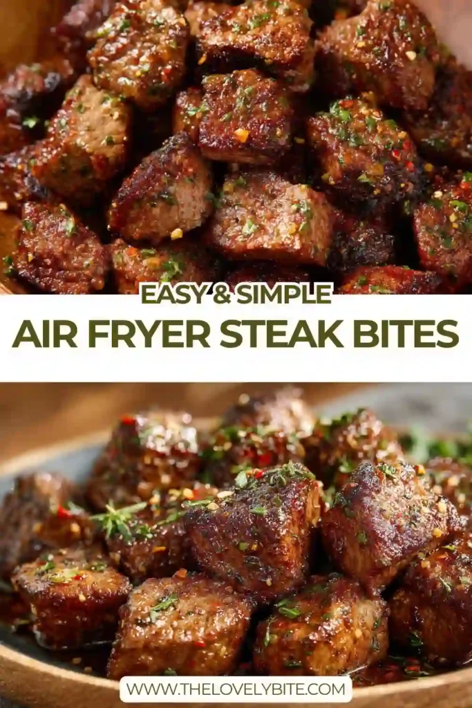 Close-up of tender Air Fryer Steak Bites tossed in melted garlic butter with parsley and red pepper flakes.